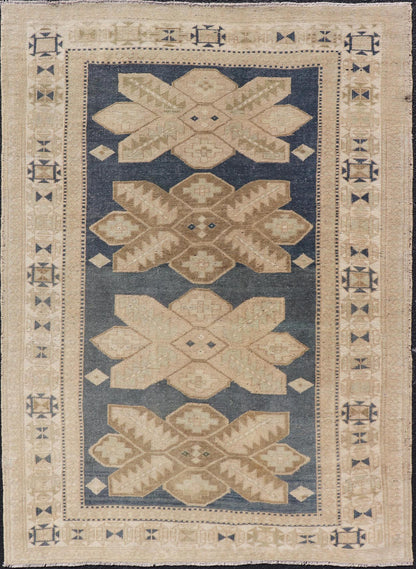 Floral Medallion Vintage Hand Knotted Turkish Oushak Rug with Geometric Border Floral Geometric Medallion design Turkish vintage Oushak in blue and tan, Keivan Woven Arts / rug EN - 13310, country of origin / type: Turkey / Oushak, circa 1950... - Keivan Woven ArtsEN - 13310 - 18806Rug