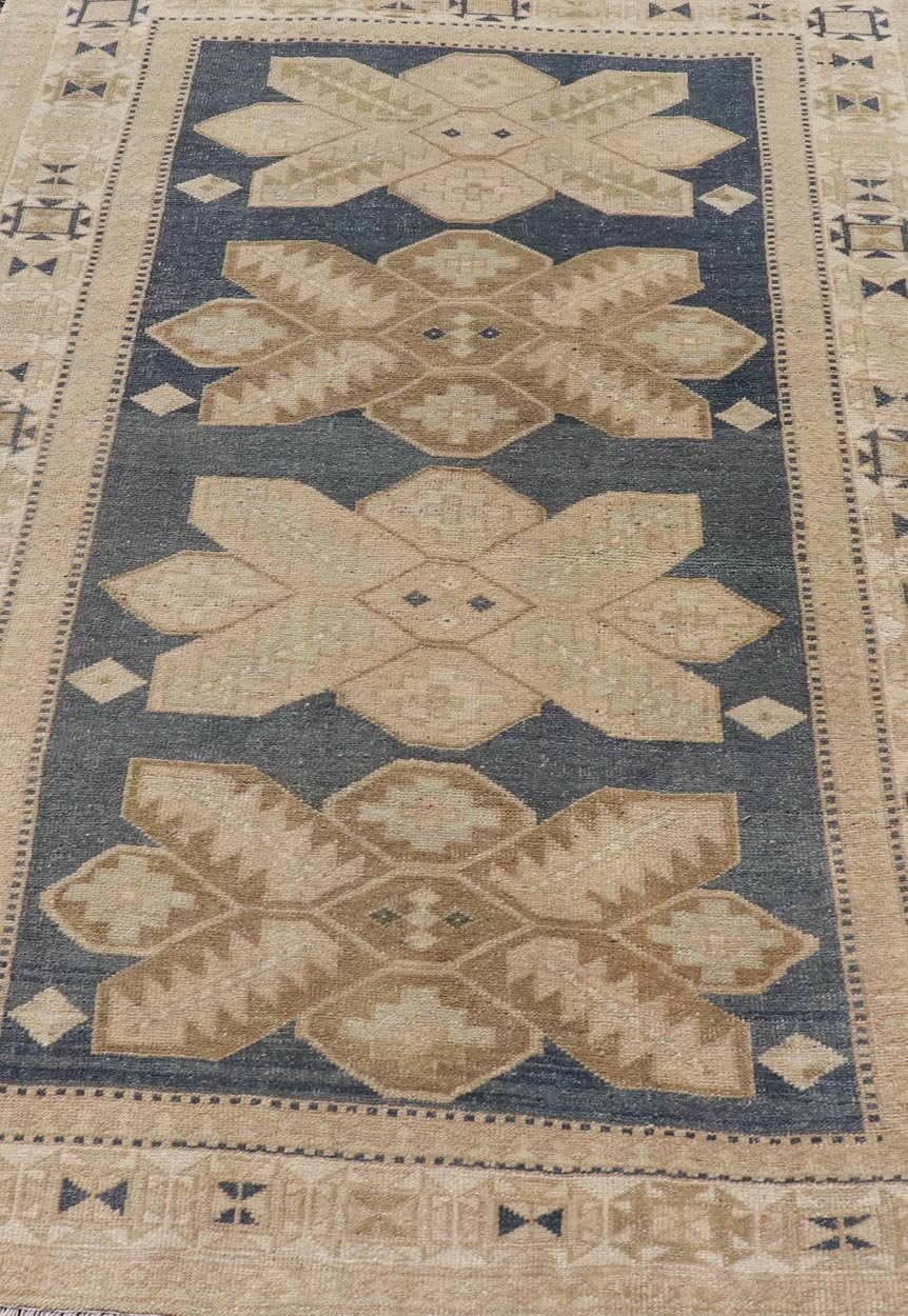 Floral Medallion Vintage Hand Knotted Turkish Oushak Rug with Geometric Border Floral Geometric Medallion design Turkish vintage Oushak in blue and tan, Keivan Woven Arts / rug EN - 13310, country of origin / type: Turkey / Oushak, circa 1950... - Keivan Woven ArtsEN - 13310 - 18806Rug
