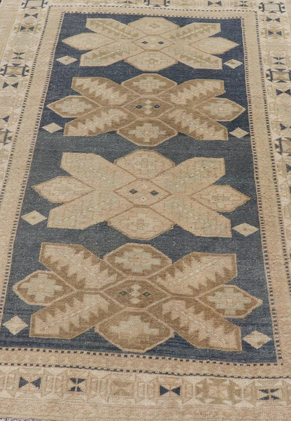 Floral Medallion Vintage Hand Knotted Turkish Oushak Rug with Geometric Border Floral Geometric Medallion design Turkish vintage Oushak in blue and tan, Keivan Woven Arts / rug EN - 13310, country of origin / type: Turkey / Oushak, circa 1950... - Keivan Woven ArtsEN - 13310 - 18806Rug