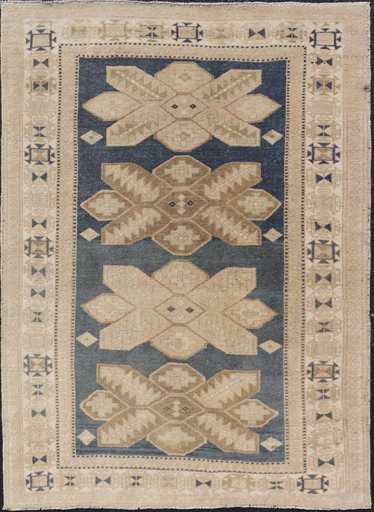 Floral Medallion Vintage Hand Knotted Turkish Oushak Rug with Geometric Border Floral Geometric Medallion design Turkish vintage Oushak in blue and tan, Keivan Woven Arts / rug EN - 13310, country of origin / type: Turkey / Oushak, circa 1950... - Keivan Woven ArtsEN - 13310 - 18806