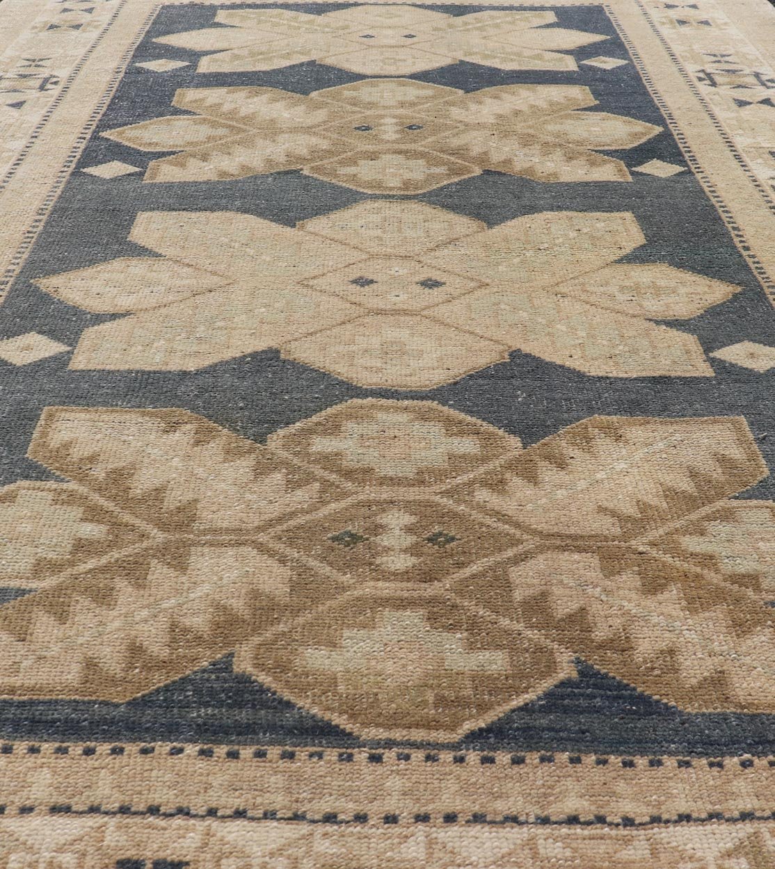 Floral Medallion Vintage Hand Knotted Turkish Oushak Rug with Geometric Border Floral Geometric Medallion design Turkish vintage Oushak in blue and tan, Keivan Woven Arts / rug EN - 13310, country of origin / type: Turkey / Oushak, circa 1950... - Keivan Woven ArtsEN - 13310 - 18806Rug