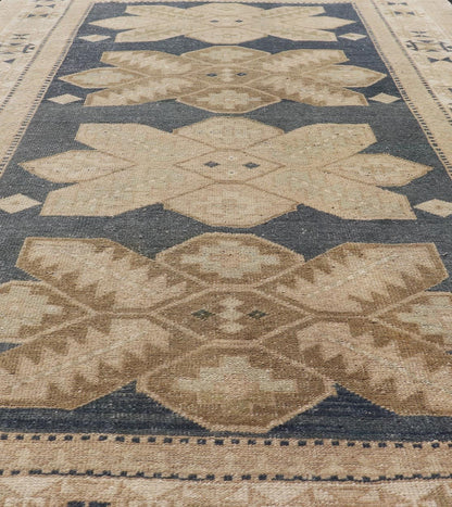 Floral Medallion Vintage Hand Knotted Turkish Oushak Rug with Geometric Border Floral Geometric Medallion design Turkish vintage Oushak in blue and tan, Keivan Woven Arts / rug EN - 13310, country of origin / type: Turkey / Oushak, circa 1950... - Keivan Woven ArtsEN - 13310 - 18806Rug