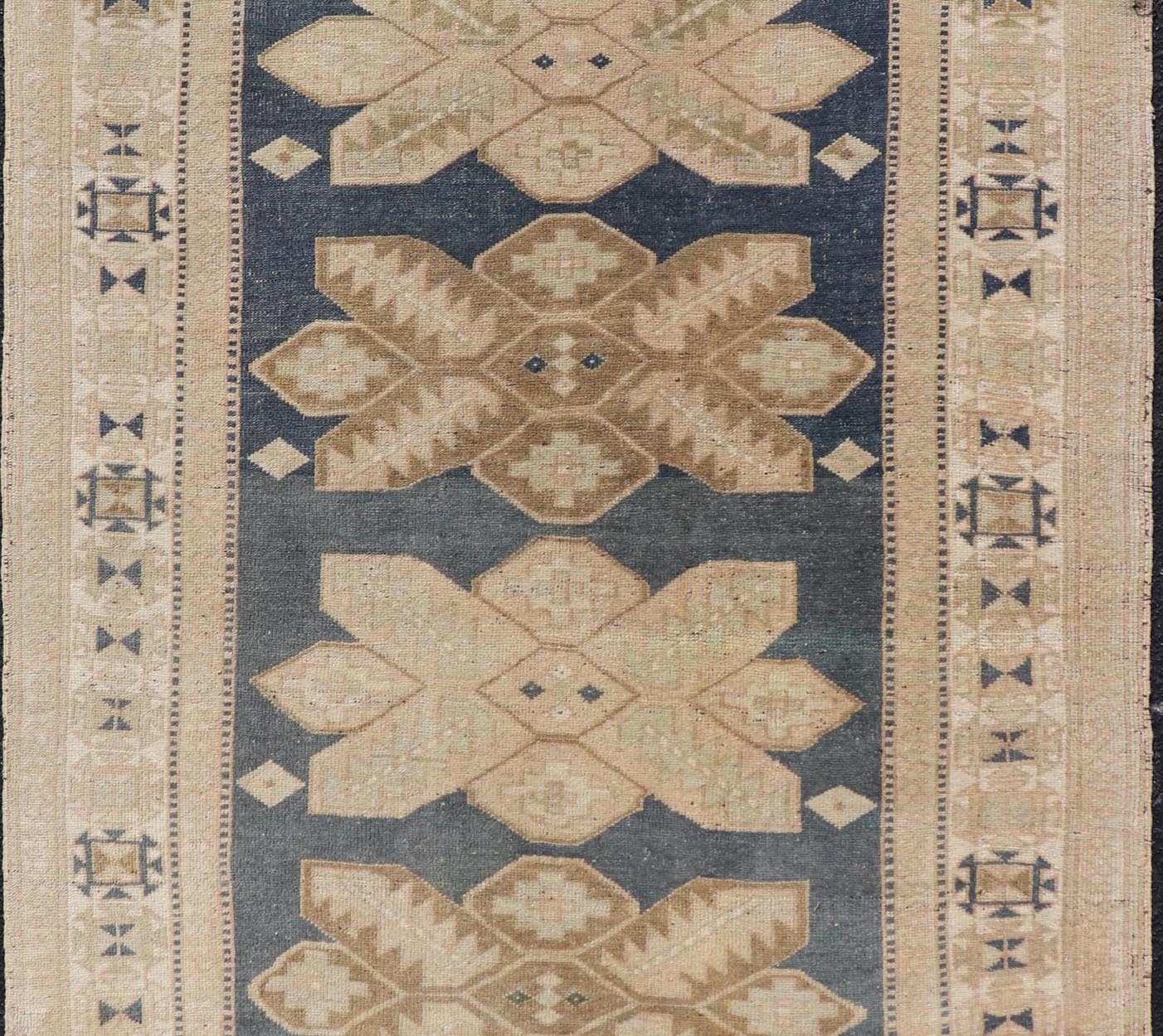 Floral Medallion Vintage Hand Knotted Turkish Oushak Rug with Geometric Border Floral Geometric Medallion design Turkish vintage Oushak in blue and tan, Keivan Woven Arts / rug EN - 13310, country of origin / type: Turkey / Oushak, circa 1950... - Keivan Woven ArtsEN - 13310 - 18806Rug