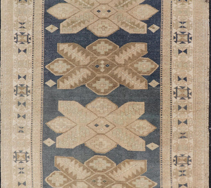 Floral Medallion Vintage Hand Knotted Turkish Oushak Rug with Geometric Border Floral Geometric Medallion design Turkish vintage Oushak in blue and tan, Keivan Woven Arts / rug EN - 13310, country of origin / type: Turkey / Oushak, circa 1950... - Keivan Woven ArtsEN - 13310 - 18806Rug