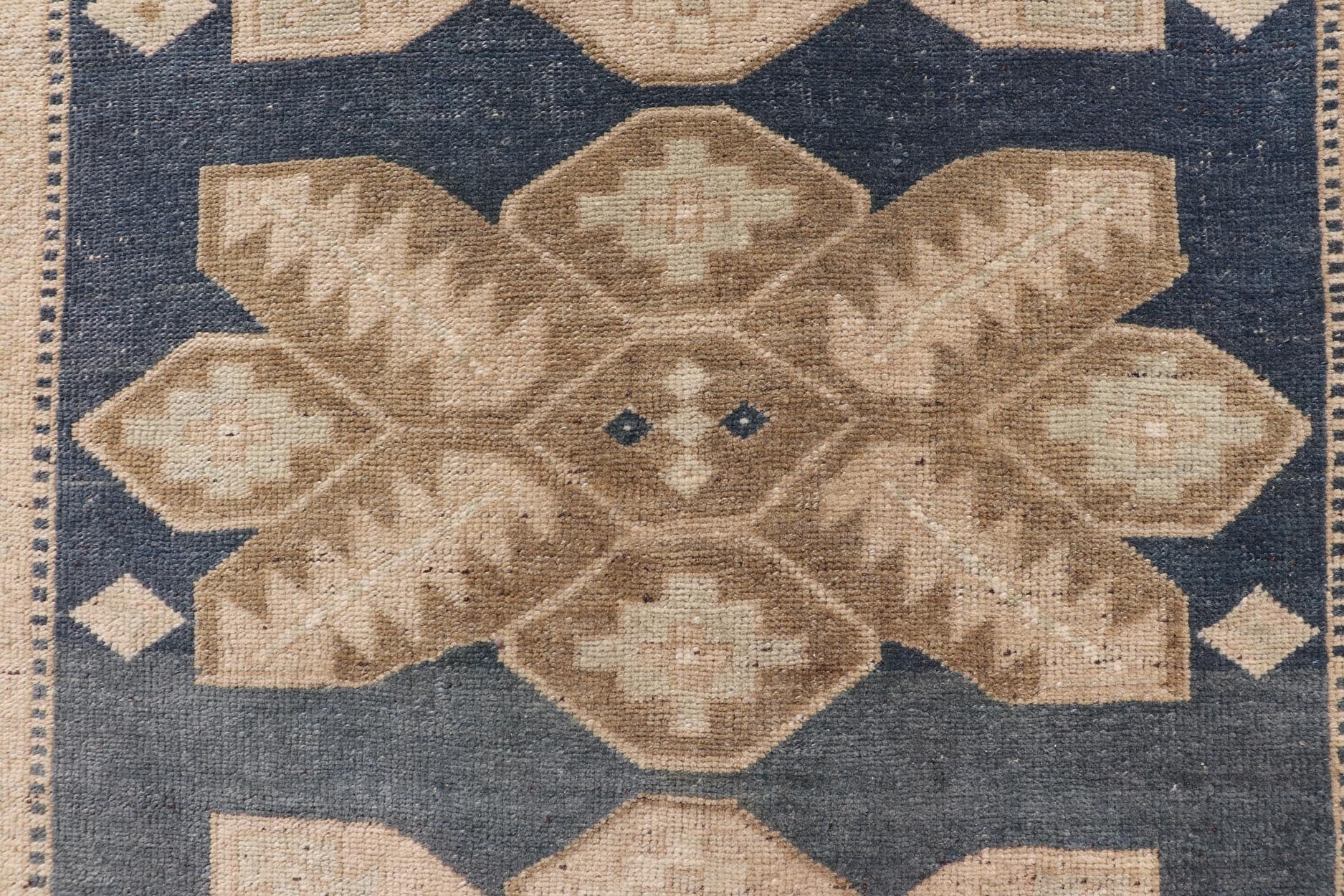 Floral Medallion Vintage Hand Knotted Turkish Oushak Rug with Geometric Border Floral Geometric Medallion design Turkish vintage Oushak in blue and tan, Keivan Woven Arts / rug EN - 13310, country of origin / type: Turkey / Oushak, circa 1950... - Keivan Woven ArtsEN - 13310 - 18806Rug