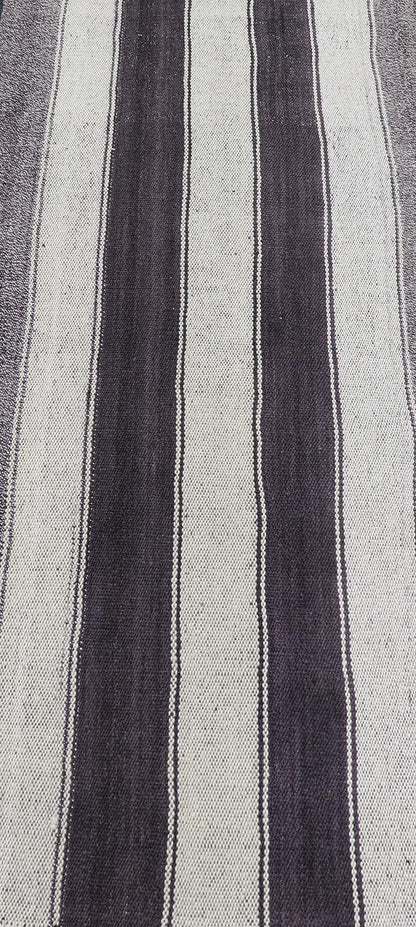 Vintage Turkish Kilim with Vertical Stripes in Brown and Cream Measures 2'7 x 6'2 This vintage flat weave Kilim has a very modern stripe design. Rendered in ebony, cream. With neutral colors and simple design, this flat weave is perfect ... - Keivan Woven ArtsEN - 13425 - 18655Rug