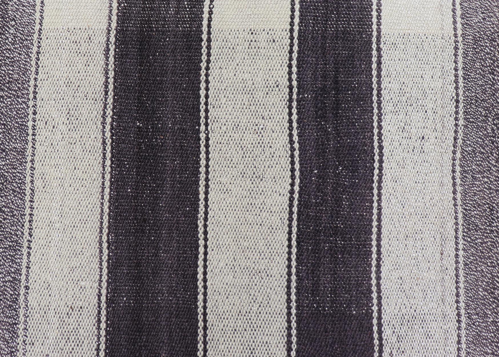 Vintage Turkish Kilim with Vertical Stripes in Brown and Cream Measures 2'7 x 6'2 This vintage flat weave Kilim has a very modern stripe design. Rendered in ebony, cream. With neutral colors and simple design, this flat weave is perfect ... - Keivan Woven ArtsEN - 13425 - 18655Rug
