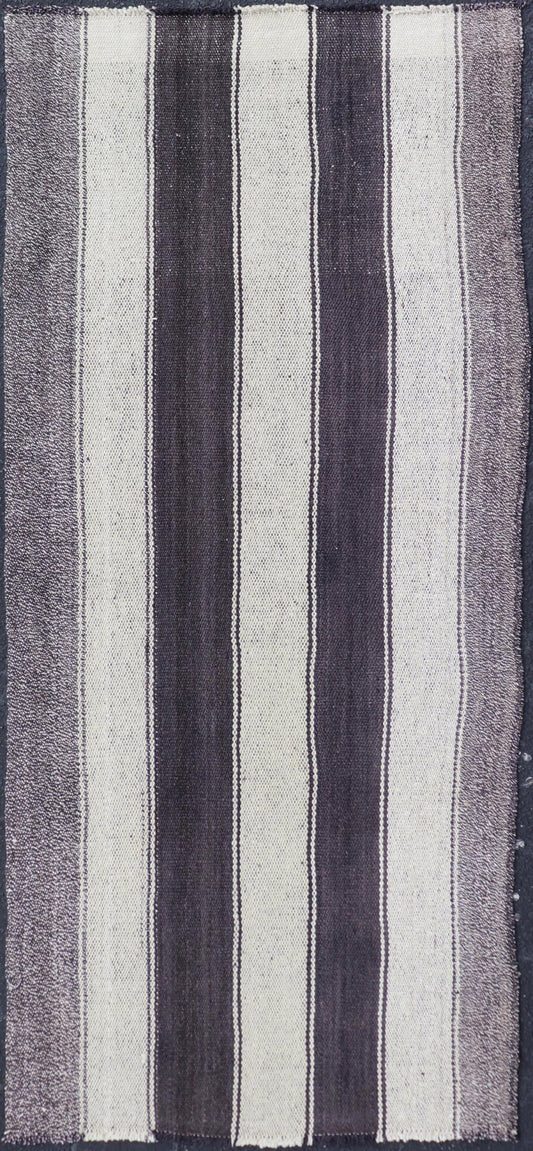 Vintage Turkish Kilim with Vertical Stripes in Brown and Cream Measures 2'7 x 6'2 This vintage flat weave Kilim has a very modern stripe design. Rendered in ebony, cream. With neutral colors and simple design, this flat weave is perfect ... - Keivan Woven ArtsEN - 13425 - 18655