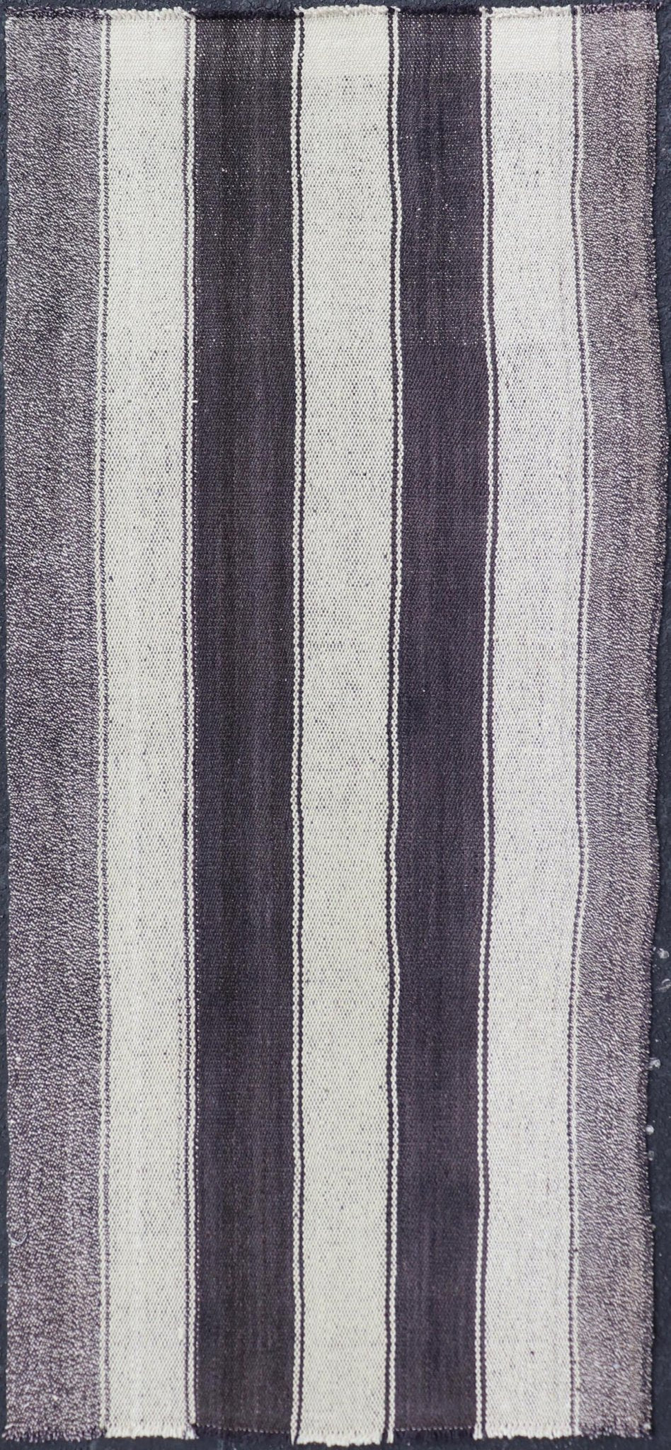 Vintage Turkish Kilim with Vertical Stripes in Brown and Cream Measures 2'7 x 6'2 This vintage flat weave Kilim has a very modern stripe design. Rendered in ebony, cream. With neutral colors and simple design, this flat weave is perfect ... - Keivan Woven ArtsEN - 13425 - 18655Rug
