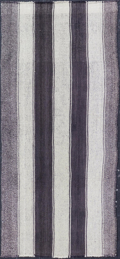 Vintage Turkish Kilim with Vertical Stripes in Brown and Cream Measures 2'7 x 6'2 This vintage flat weave Kilim has a very modern stripe design. Rendered in ebony, cream. With neutral colors and simple design, this flat weave is perfect ... - Keivan Woven ArtsEN - 13425 - 18655Rug