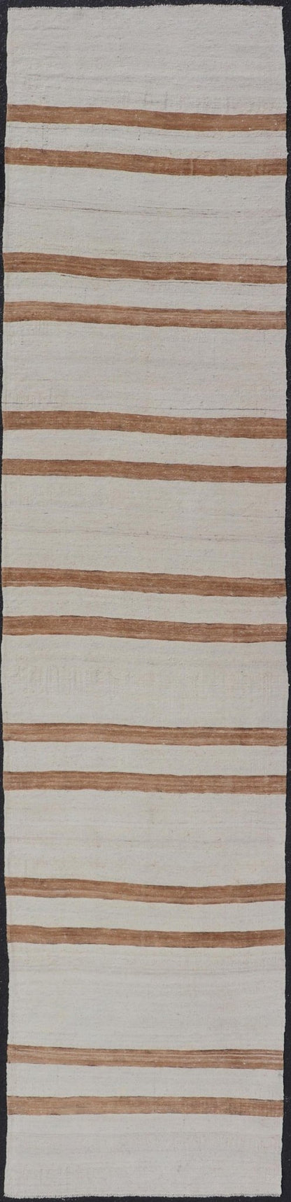 Vintage Turkish Kilim Runner with Horizontal Stripes In Ivory And Cognac. Country of origin: Turkey; Type: Kilim; Design: Minimal, Striped, Modern; Keivan Woven Arts: Rug EN - 13429; vintage Turkish Kilim Runner with horizontal stripes; vintage Turkish R... - Keivan Woven ArtsEN - 13429 - 23522Rug
