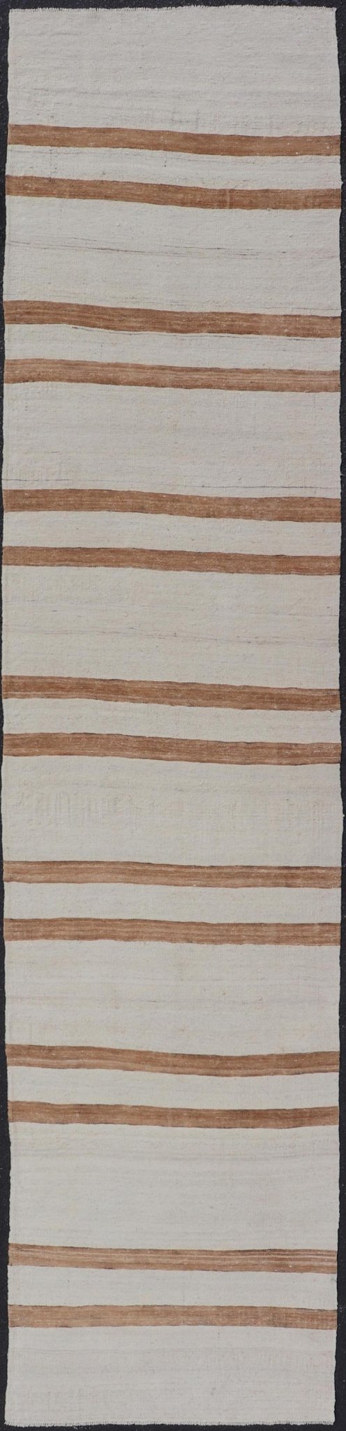 Vintage Turkish Kilim Runner with Horizontal Stripes In Ivory And Cognac. Country of origin: Turkey; Type: Kilim; Design: Minimal, Striped, Modern; Keivan Woven Arts: Rug EN - 13429; vintage Turkish Kilim Runner with horizontal stripes; vintage Turkish R... - Keivan Woven ArtsEN - 13429 - 23522Rug