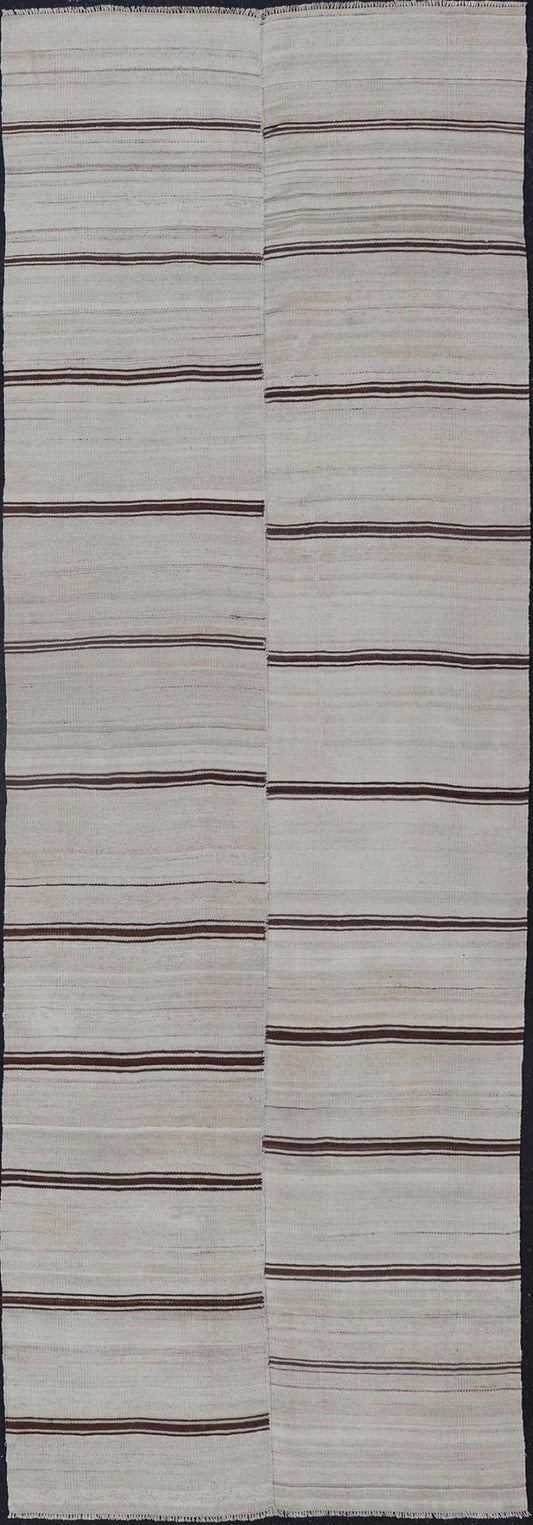 Vintage Turkish Kilim Gallery with Horizontal Stripes in Brown & Cream. Keivan Woven Arts / rug EN - 13439, country of origin / type: Turkey / Kilim, circa Mid - 20th Century. Measures: 4'2 x 12'8 - Keivan Woven ArtsEN - 13439 - 19202Rug