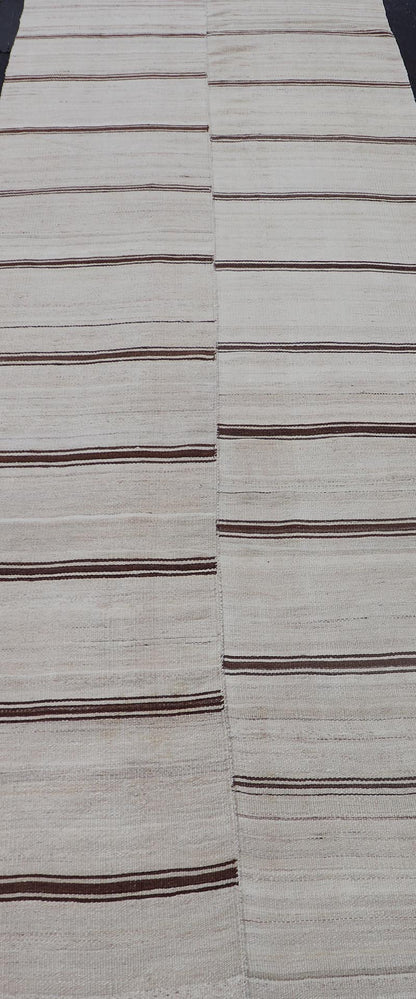 Vintage Turkish Kilim Gallery with Horizontal Stripes in Brown & Cream. Keivan Woven Arts / rug EN - 13439, country of origin / type: Turkey / Kilim, circa Mid - 20th Century. Measures: 4'2 x 12'8 - Keivan Woven ArtsEN - 13439 - 19202Rug