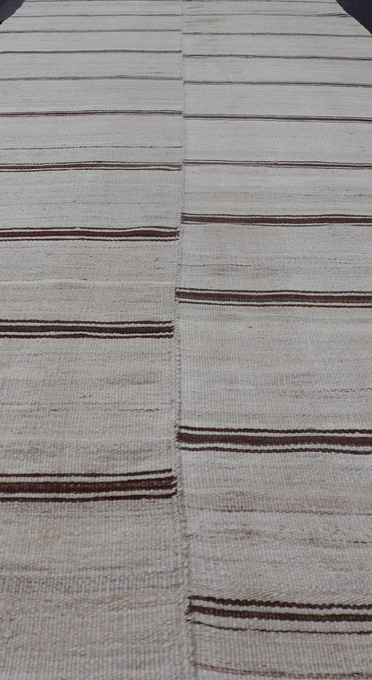 Vintage Turkish Kilim Gallery with Horizontal Stripes in Brown & Cream. Keivan Woven Arts / rug EN - 13439, country of origin / type: Turkey / Kilim, circa Mid - 20th Century. Measures: 4'2 x 12'8 - Keivan Woven ArtsEN - 13439 - 19202Rug