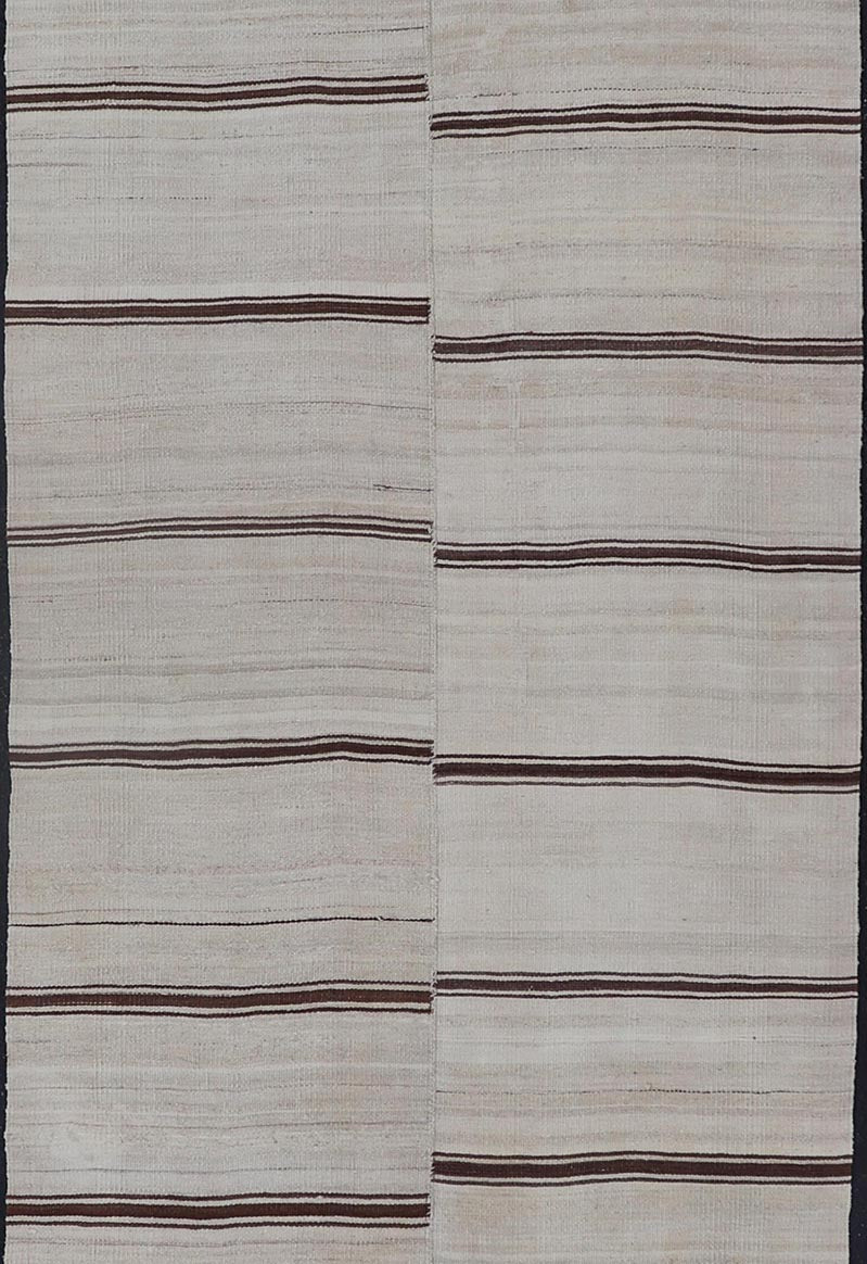 Vintage Turkish Kilim Gallery with Horizontal Stripes in Brown & Cream. Keivan Woven Arts / rug EN - 13439, country of origin / type: Turkey / Kilim, circa Mid - 20th Century. Measures: 4'2 x 12'8 - Keivan Woven ArtsEN - 13439 - 19202Rug