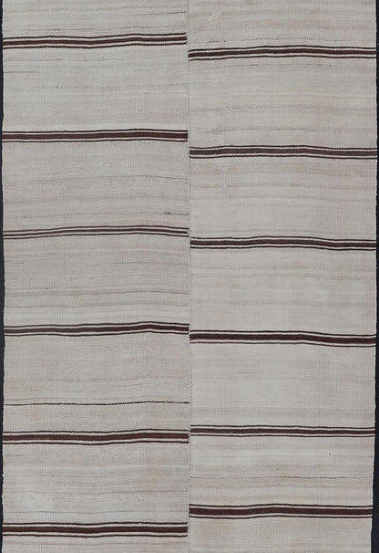 Vintage Turkish Kilim Gallery with Horizontal Stripes in Brown & Cream. Keivan Woven Arts / rug EN - 13439, country of origin / type: Turkey / Kilim, circa Mid - 20th Century. Measures: 4'2 x 12'8 - Keivan Woven ArtsEN - 13439 - 19202Rug