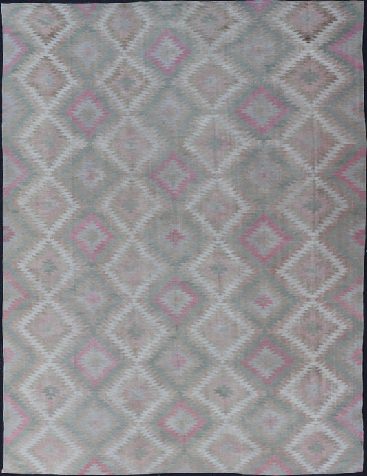 Measures: 8'0 x 11'0 Vintage Turkish Flat Weave Rug with Geometric Diamond Design in Green and Pink. Keivan Woven Arts / rug EN - 13440, country of origin / type: Turkey / Kilim, circa 1950. This geometric Kilim from Turkey bears a repeating l... - Keivan Woven ArtsEN - 13440 - 21621