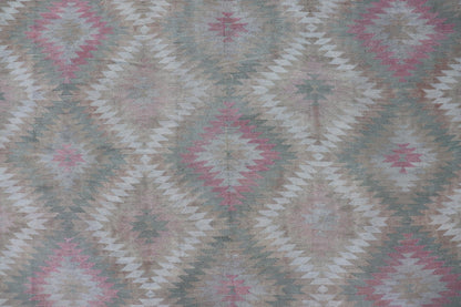 Measures: 8'0 x 11'0 Vintage Turkish Flat Weave Rug with Geometric Diamond Design in Green and Pink. Keivan Woven Arts / rug EN - 13440, country of origin / type: Turkey / Kilim, circa 1950. This geometric Kilim from Turkey bears a repeating l... - Keivan Woven ArtsEN - 13440 - 21621Rug