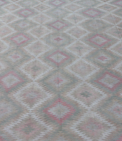 Measures: 8'0 x 11'0 Vintage Turkish Flat Weave Rug with Geometric Diamond Design in Green and Pink. Keivan Woven Arts / rug EN - 13440, country of origin / type: Turkey / Kilim, circa 1950. This geometric Kilim from Turkey bears a repeating l... - Keivan Woven ArtsEN - 13440 - 21621Rug