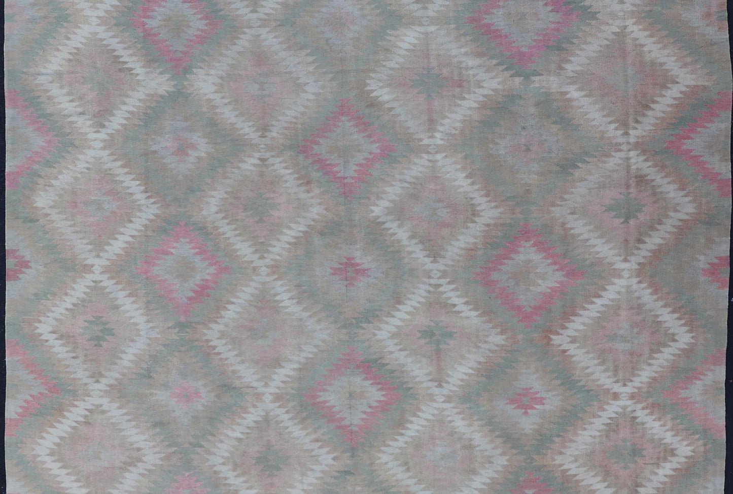 Measures: 8'0 x 11'0 Vintage Turkish Flat Weave Rug with Geometric Diamond Design in Green and Pink. Keivan Woven Arts / rug EN - 13440, country of origin / type: Turkey / Kilim, circa 1950. This geometric Kilim from Turkey bears a repeating l... - Keivan Woven ArtsEN - 13440 - 21621Rug