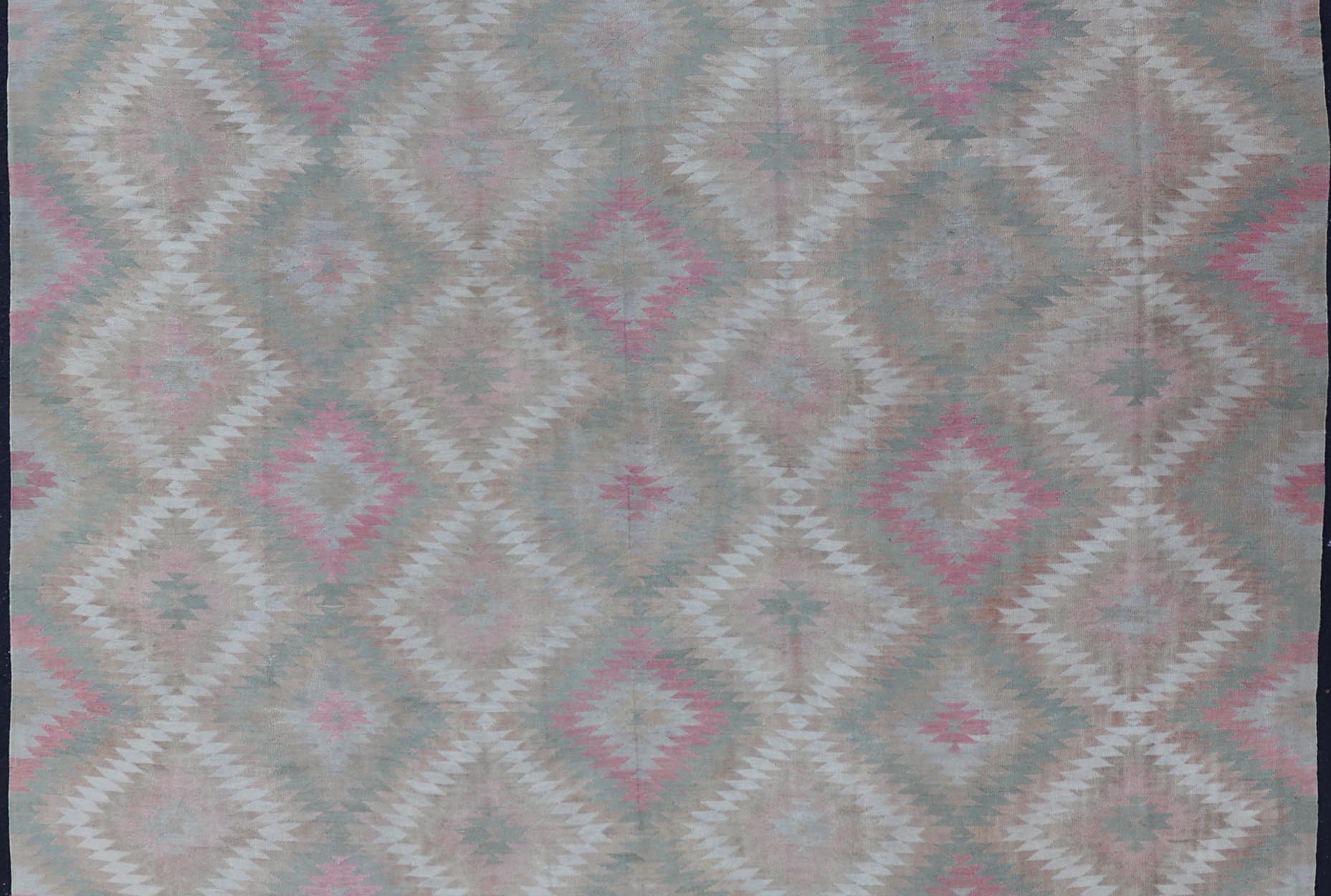 Measures: 8'0 x 11'0 Vintage Turkish Flat Weave Rug with Geometric Diamond Design in Green and Pink. Keivan Woven Arts / rug EN - 13440, country of origin / type: Turkey / Kilim, circa 1950. This geometric Kilim from Turkey bears a repeating l... - Keivan Woven ArtsEN - 13440 - 21621Rug