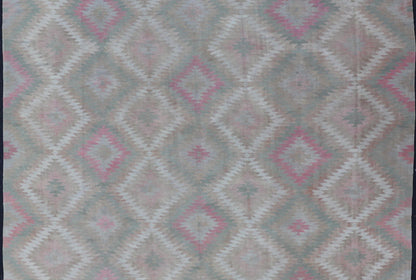 Measures: 8'0 x 11'0 Vintage Turkish Flat Weave Rug with Geometric Diamond Design in Green and Pink. Keivan Woven Arts / rug EN - 13440, country of origin / type: Turkey / Kilim, circa 1950. This geometric Kilim from Turkey bears a repeating l... - Keivan Woven ArtsEN - 13440 - 21621Rug