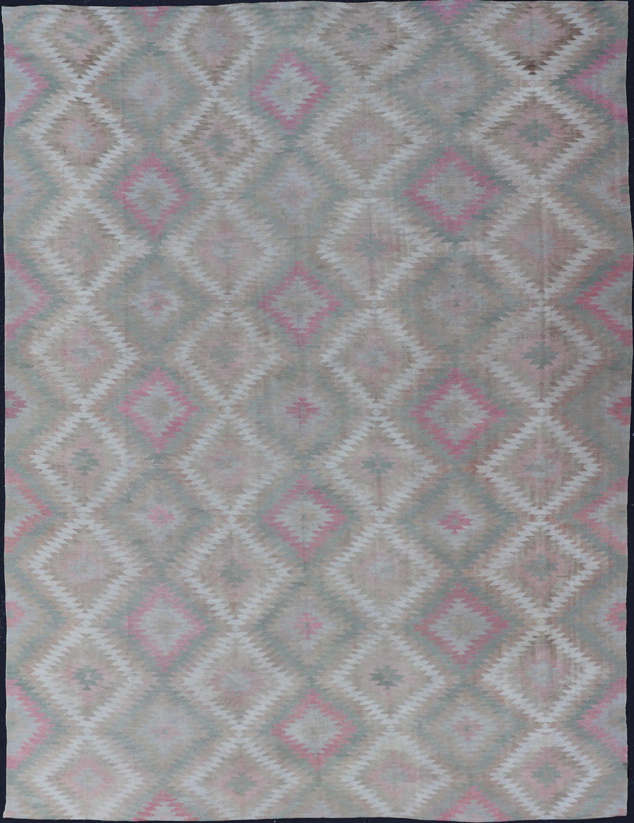 Measures: 8'0 x 11'0 Vintage Turkish Flat Weave Rug with Geometric Diamond Design in Green and Pink. Keivan Woven Arts / rug EN - 13440, country of origin / type: Turkey / Kilim, circa 1950. This geometric Kilim from Turkey bears a repeating l... - Keivan Woven ArtsEN - 13440 - 21621Rug