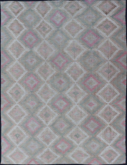 Measures: 8'0 x 11'0 Vintage Turkish Flat Weave Rug with Geometric Diamond Design in Green and Pink. Keivan Woven Arts / rug EN - 13440, country of origin / type: Turkey / Kilim, circa 1950. This geometric Kilim from Turkey bears a repeating l... - Keivan Woven ArtsEN - 13440 - 21621Rug