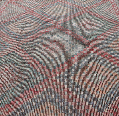 Muted Turkish Vintage Embroidered Kilim Rug with Multi Layered Diamond Turkish Vintage Embroidered Flat Weave rug with tribal multi layered diamond design Keivan Woven Arts / rug / EN - 13450, circa/ Mid - 20th Century Measures: 6'7 x 11'7 - Keivan Woven ArtsEN - 13450 - 18710Rug