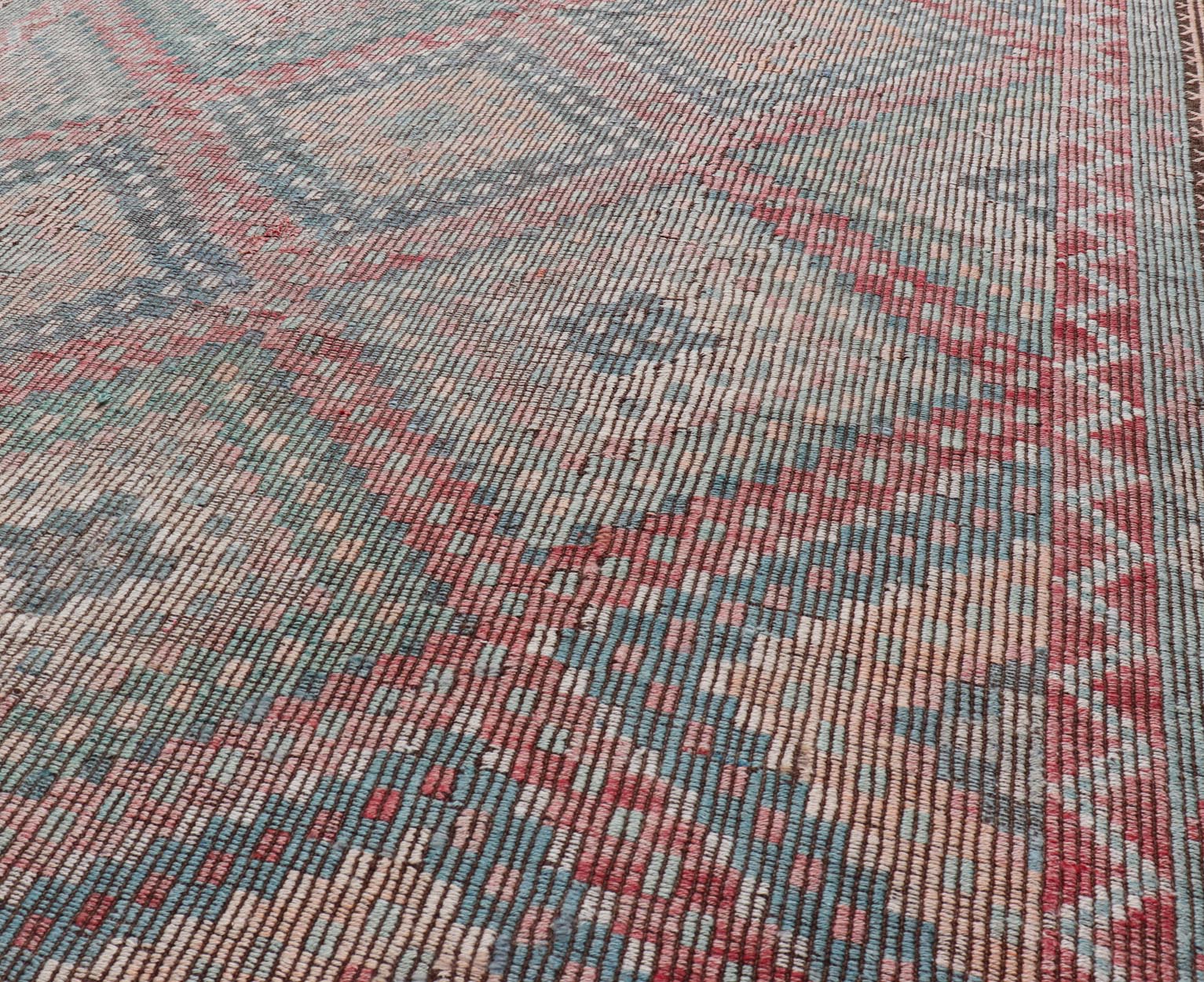 Muted Turkish Vintage Embroidered Kilim Rug with Multi Layered Diamond Turkish Vintage Embroidered Flat Weave rug with tribal multi layered diamond design Keivan Woven Arts / rug / EN - 13450, circa/ Mid - 20th Century Measures: 6'7 x 11'7 - Keivan Woven ArtsEN - 13450 - 18710Rug