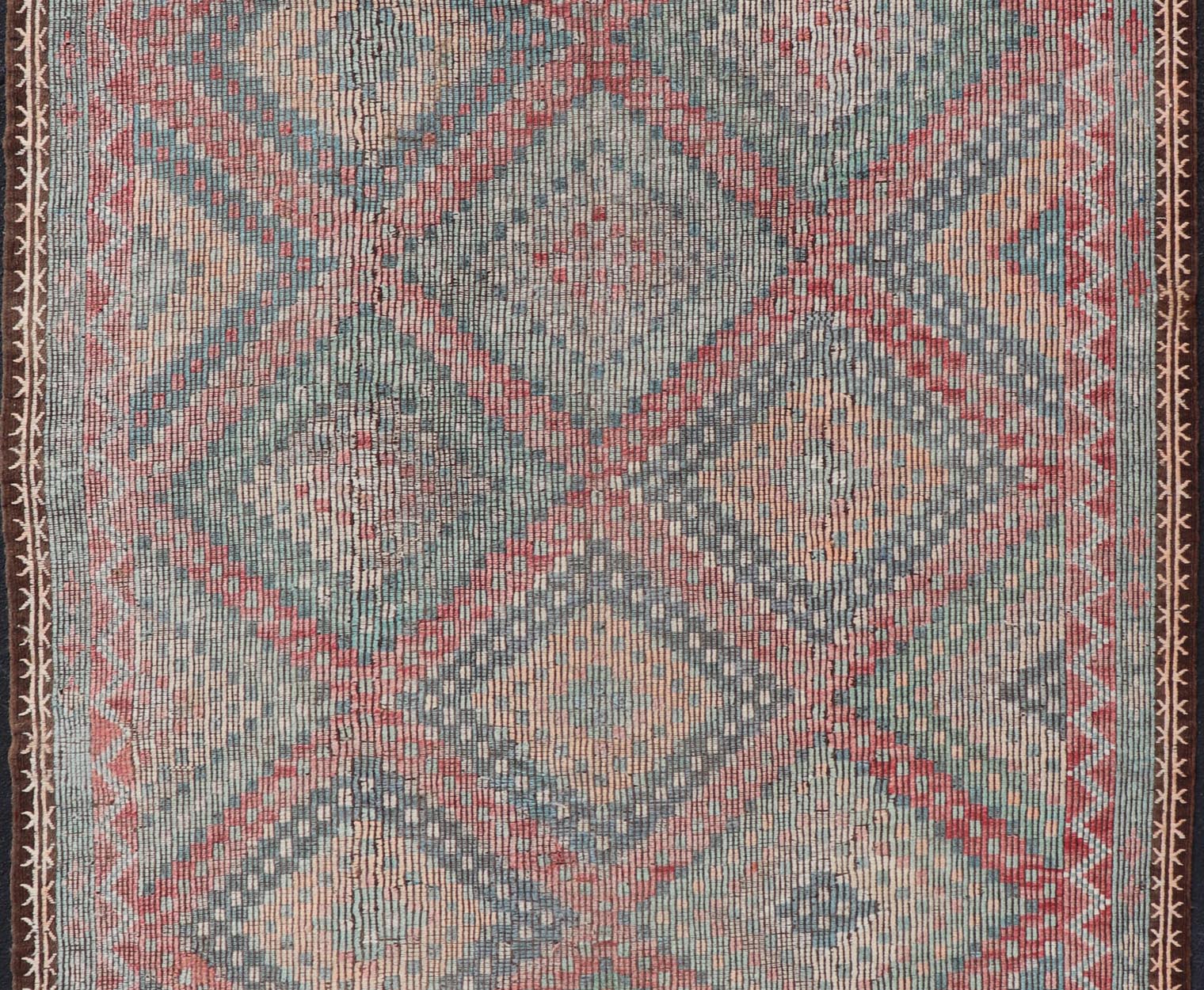 Muted Turkish Vintage Embroidered Kilim Rug with Multi Layered Diamond Turkish Vintage Embroidered Flat Weave rug with tribal multi layered diamond design Keivan Woven Arts / rug / EN - 13450, circa/ Mid - 20th Century Measures: 6'7 x 11'7 - Keivan Woven ArtsEN - 13450 - 18710Rug
