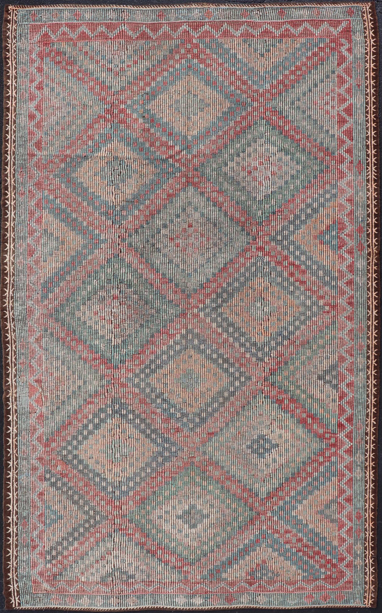 Muted Turkish Vintage Embroidered Kilim Rug with Multi Layered Diamond Turkish Vintage Embroidered Flat Weave rug with tribal multi layered diamond design Keivan Woven Arts / rug / EN - 13450, circa/ Mid - 20th Century Measures: 6'7 x 11'7 - Keivan Woven ArtsEN - 13450 - 18710Rug