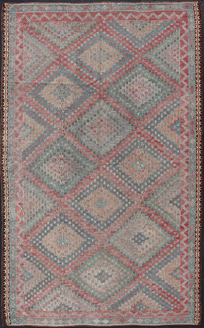 Muted Turkish Vintage Embroidered Kilim Rug with Multi Layered Diamond Turkish Vintage Embroidered Flat Weave rug with tribal multi layered diamond design Keivan Woven Arts / rug / EN - 13450, circa/ Mid - 20th Century Measures: 6'7 x 11'7 - Keivan Woven ArtsEN - 13450 - 18710Rug