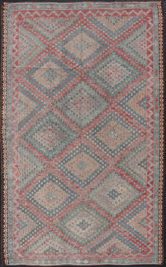 Muted Turkish Vintage Embroidered Kilim Rug with Multi Layered Diamond Turkish Vintage Embroidered Flat Weave rug with tribal multi layered diamond design Keivan Woven Arts / rug / EN - 13450, circa/ Mid - 20th Century Measures: 6'7 x 11'7 - Keivan Woven ArtsEN - 13450 - 18710Rug