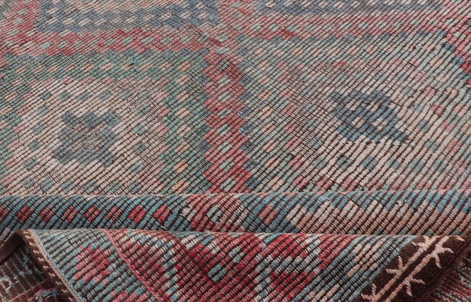 Muted Turkish Vintage Embroidered Kilim Rug with Multi Layered Diamond Turkish Vintage Embroidered Flat Weave rug with tribal multi layered diamond design Keivan Woven Arts / rug / EN - 13450, circa/ Mid - 20th Century Measures: 6'7 x 11'7 - Keivan Woven ArtsEN - 13450 - 18710Rug