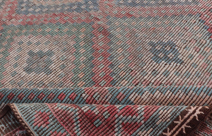 Muted Turkish Vintage Embroidered Kilim Rug with Multi Layered Diamond Turkish Vintage Embroidered Flat Weave rug with tribal multi layered diamond design Keivan Woven Arts / rug / EN - 13450, circa/ Mid - 20th Century Measures: 6'7 x 11'7 - Keivan Woven ArtsEN - 13450 - 18710Rug