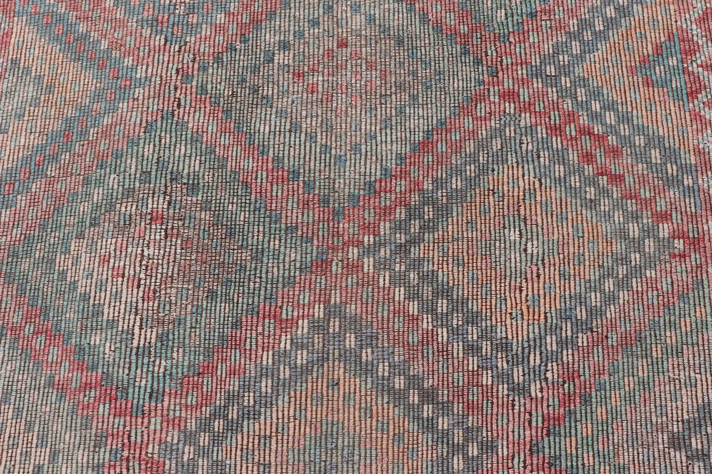 Muted Turkish Vintage Embroidered Kilim Rug with Multi Layered Diamond Turkish Vintage Embroidered Flat Weave rug with tribal multi layered diamond design Keivan Woven Arts / rug / EN - 13450, circa/ Mid - 20th Century Measures: 6'7 x 11'7 - Keivan Woven ArtsEN - 13450 - 18710Rug