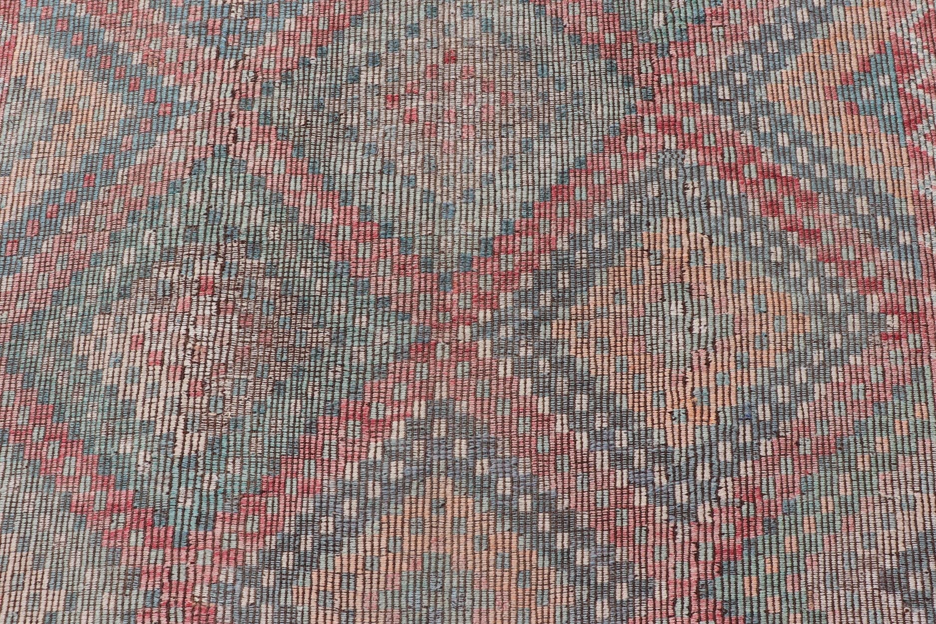 Muted Turkish Vintage Embroidered Kilim Rug with Multi Layered Diamond Turkish Vintage Embroidered Flat Weave rug with tribal multi layered diamond design Keivan Woven Arts / rug / EN - 13450, circa/ Mid - 20th Century Measures: 6'7 x 11'7 - Keivan Woven ArtsEN - 13450 - 18710Rug