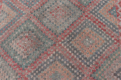 Muted Turkish Vintage Embroidered Kilim Rug with Multi Layered Diamond Turkish Vintage Embroidered Flat Weave rug with tribal multi layered diamond design Keivan Woven Arts / rug / EN - 13450, circa/ Mid - 20th Century Measures: 6'7 x 11'7 - Keivan Woven ArtsEN - 13450 - 18710Rug