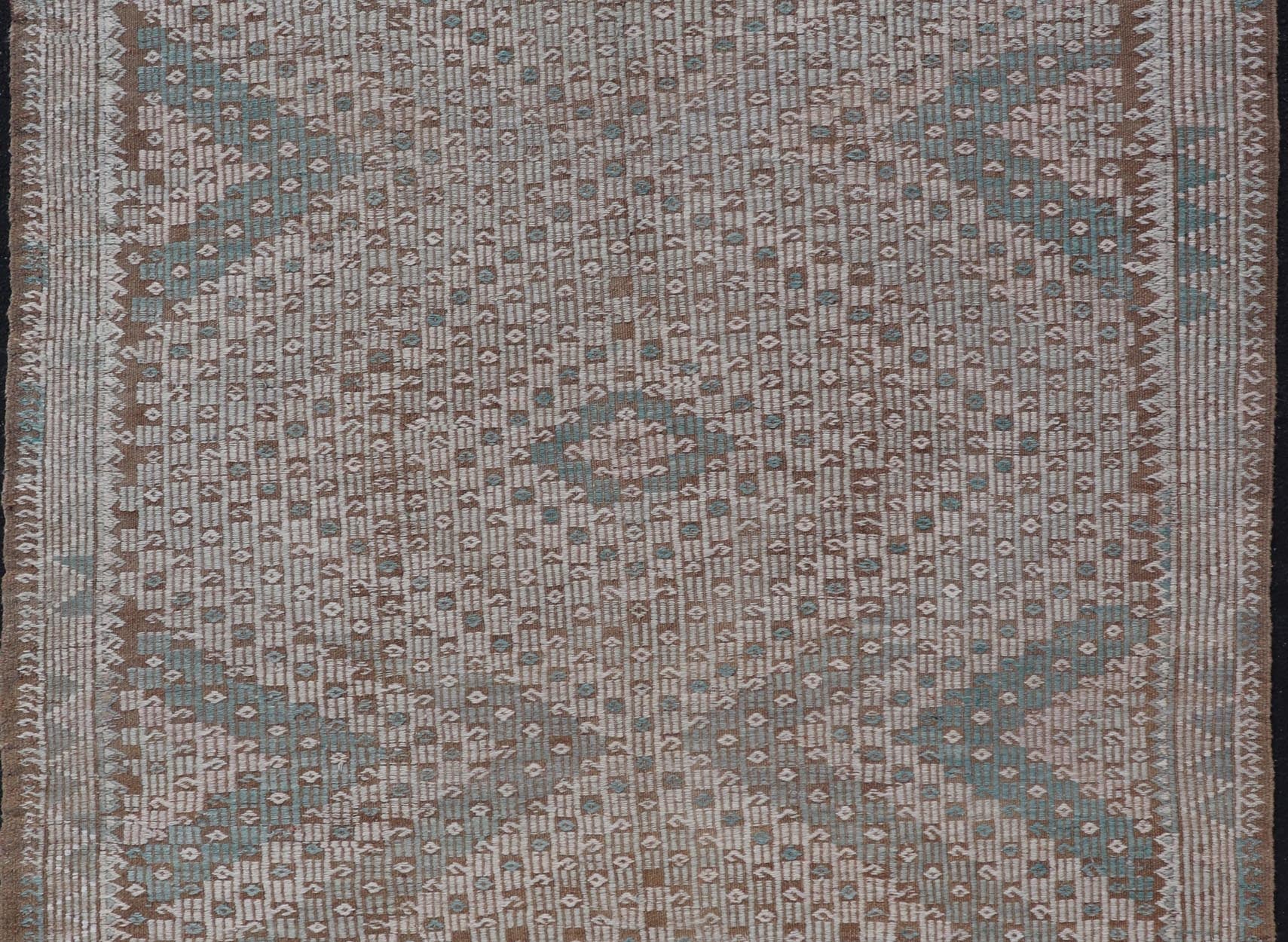 Vintage Turkish Embroidered Flat - Weave Rug with Geometric Design Vintage Turkish Embroidered Flat - Weave Rug with Neutral - Toned Geometric Design. Keivan Woven Arts - Geometric design vintage Kilim rug from Turkey in pale Green, cream, neutral,... - Keivan Woven ArtsEN - 13466 - 18860