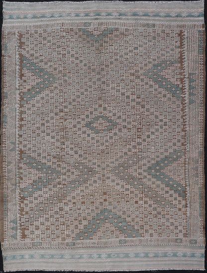 Vintage Turkish Embroidered Flat - Weave Rug with Geometric Design Vintage Turkish Embroidered Flat - Weave Rug with Neutral - Toned Geometric Design. Keivan Woven Arts - Geometric design vintage Kilim rug from Turkey in pale Green, cream, neutral,... - Keivan Woven ArtsEN - 13466 - 18860Rug