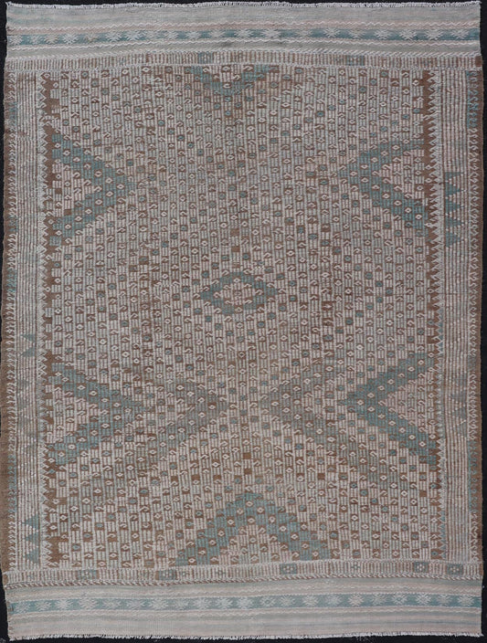 Vintage Turkish Embroidered Flat - Weave Rug with Geometric Design Vintage Turkish Embroidered Flat - Weave Rug with Neutral - Toned Geometric Design. Keivan Woven Arts - Geometric design vintage Kilim rug from Turkey in pale Green, cream, neutral,... - Keivan Woven ArtsEN - 13466 - 18860Rug