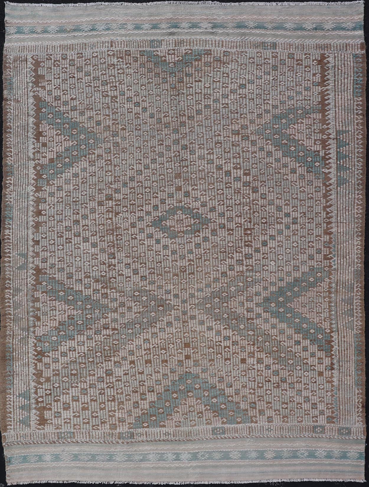 Vintage Turkish Embroidered Flat - Weave Rug with Geometric Design Vintage Turkish Embroidered Flat - Weave Rug with Neutral - Toned Geometric Design. Keivan Woven Arts - Geometric design vintage Kilim rug from Turkey in pale Green, cream, neutral,... - Keivan Woven ArtsEN - 13466 - 18860