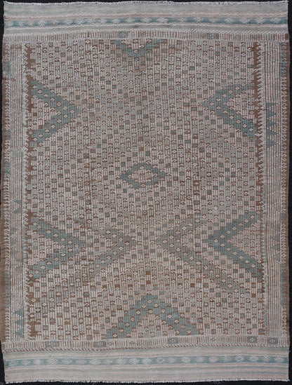 Vintage Turkish Embroidered Flat - Weave Rug with Geometric Design Vintage Turkish Embroidered Flat - Weave Rug with Neutral - Toned Geometric Design. Keivan Woven Arts - Geometric design vintage Kilim rug from Turkey in pale Green, cream, neutral,... - Keivan Woven ArtsEN - 13466 - 18860