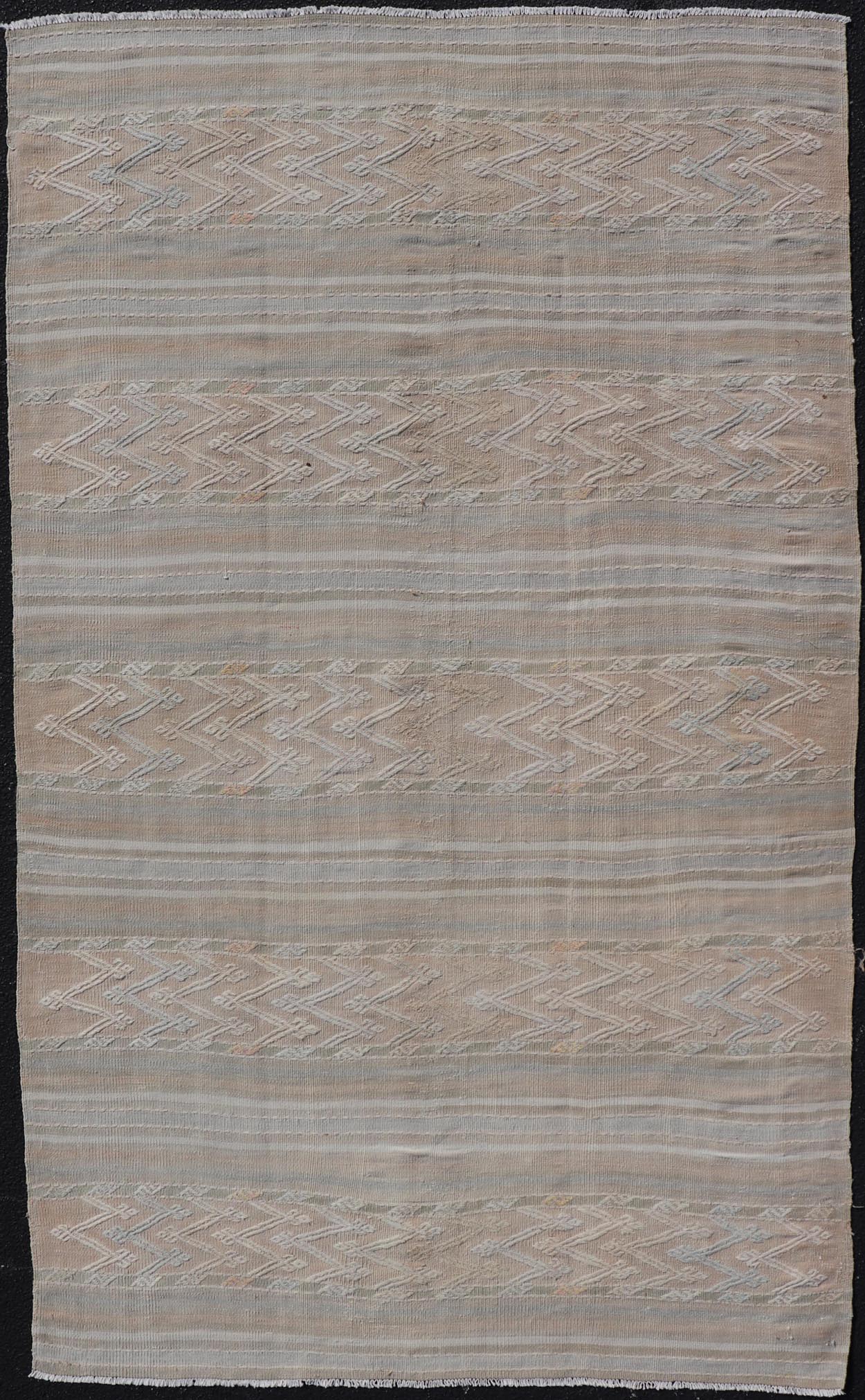 Striped Hand Woven Turkish Flat - Weave Kilim in Muted Colors and Tribal Motifs Turkish Kilim vintage carpet in muted colors and design with tribal motifs. Keivan Woven Arts / rug EN - 179780, country of origin / type: Turkey / Kilim , circa 1950... - Keivan Woven ArtsEN - 13478 - 18812Rug