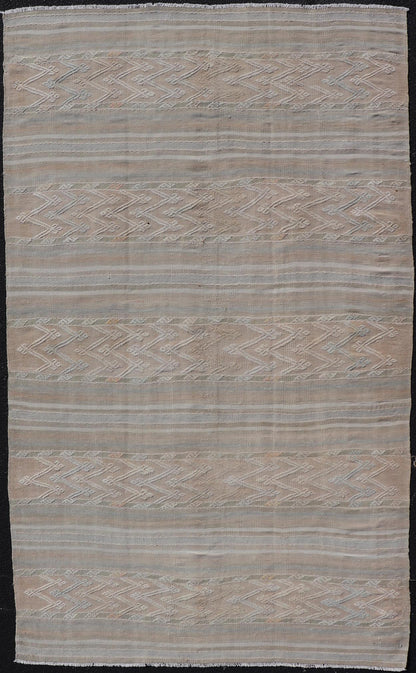 Striped Hand Woven Turkish Flat - Weave Kilim in Muted Colors and Tribal Motifs Turkish Kilim vintage carpet in muted colors and design with tribal motifs. Keivan Woven Arts / rug EN - 179780, country of origin / type: Turkey / Kilim , circa 1950... - Keivan Woven ArtsEN - 13478 - 18812Rug