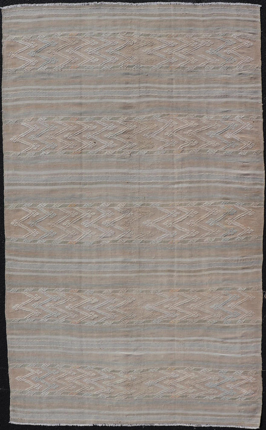 Striped Hand Woven Turkish Flat - Weave Kilim in Muted Colors and Tribal Motifs Turkish Kilim vintage carpet in muted colors and design with tribal motifs. Keivan Woven Arts / rug EN - 179780, country of origin / type: Turkey / Kilim , circa 1950... - Keivan Woven ArtsEN - 13478 - 18812Rug