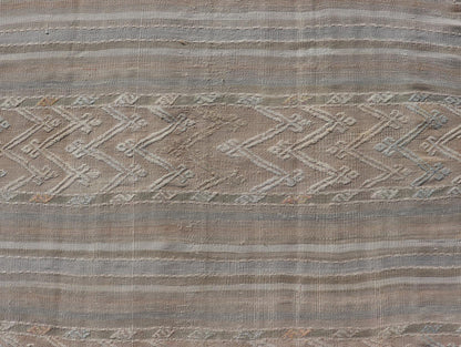 Striped Hand Woven Turkish Flat - Weave Kilim in Muted Colors and Tribal Motifs Turkish Kilim vintage carpet in muted colors and design with tribal motifs. Keivan Woven Arts / rug EN - 179780, country of origin / type: Turkey / Kilim , circa 1950... - Keivan Woven ArtsEN - 13478 - 18812Rug