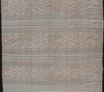 Striped Hand Woven Turkish Flat - Weave Kilim in Muted Colors and Tribal Motifs Turkish Kilim vintage carpet in muted colors and design with tribal motifs. Keivan Woven Arts / rug EN - 179780, country of origin / type: Turkey / Kilim , circa 1950... - Keivan Woven ArtsEN - 13478 - 18812Rug